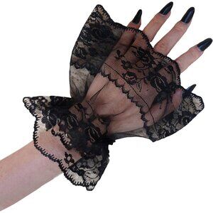 Women's Front Wrist Cuff Floral Lace Bow Wrist Black Solid Bridal Prom Gloves